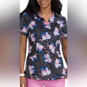 Betsey Johnson Black Floral Top with Pink and Blue Accents women size medium